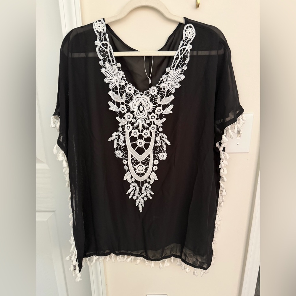 Black crochet trim tassel sheer coverup